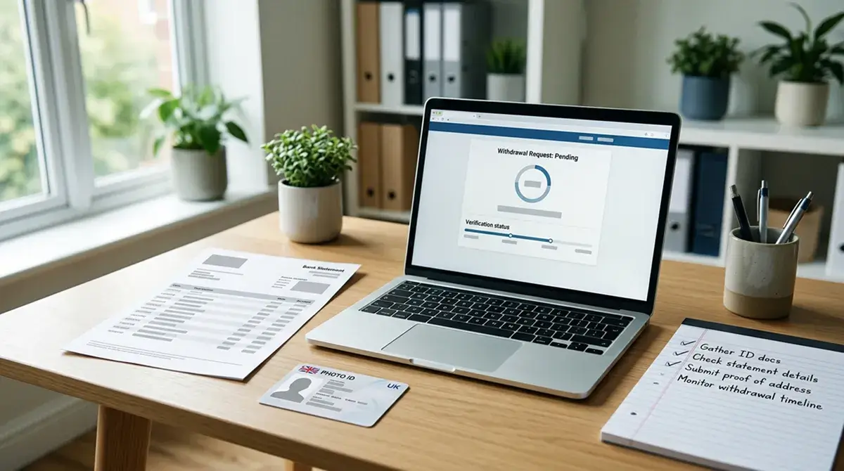 Withdrawal checklist with a UK bank statement and identity document on a desk