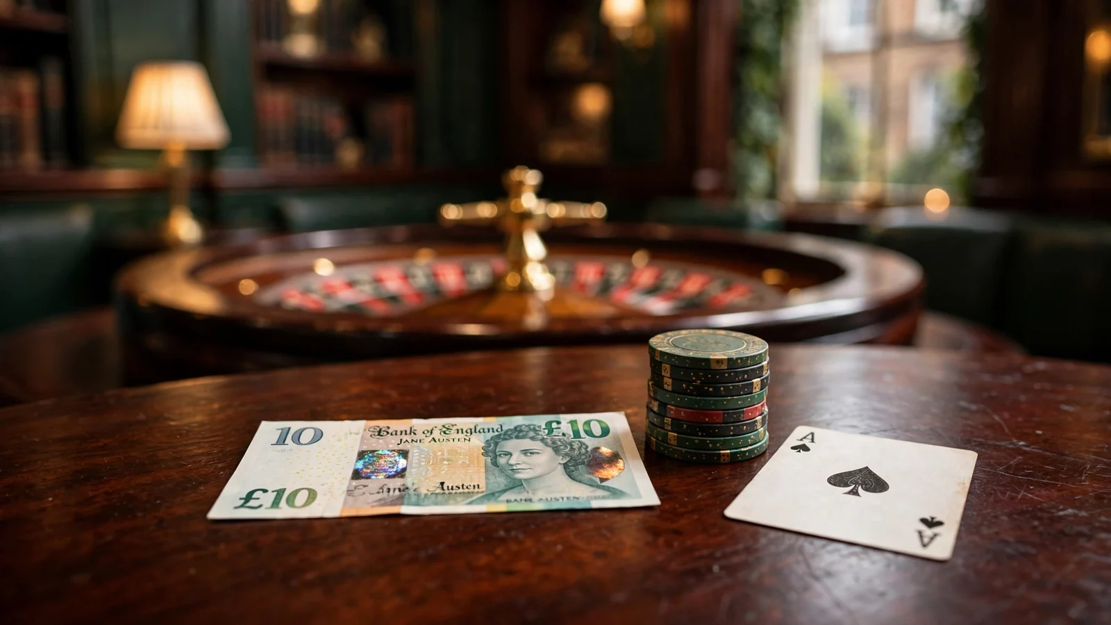 Ten-pound note with casino chips on a British casino table