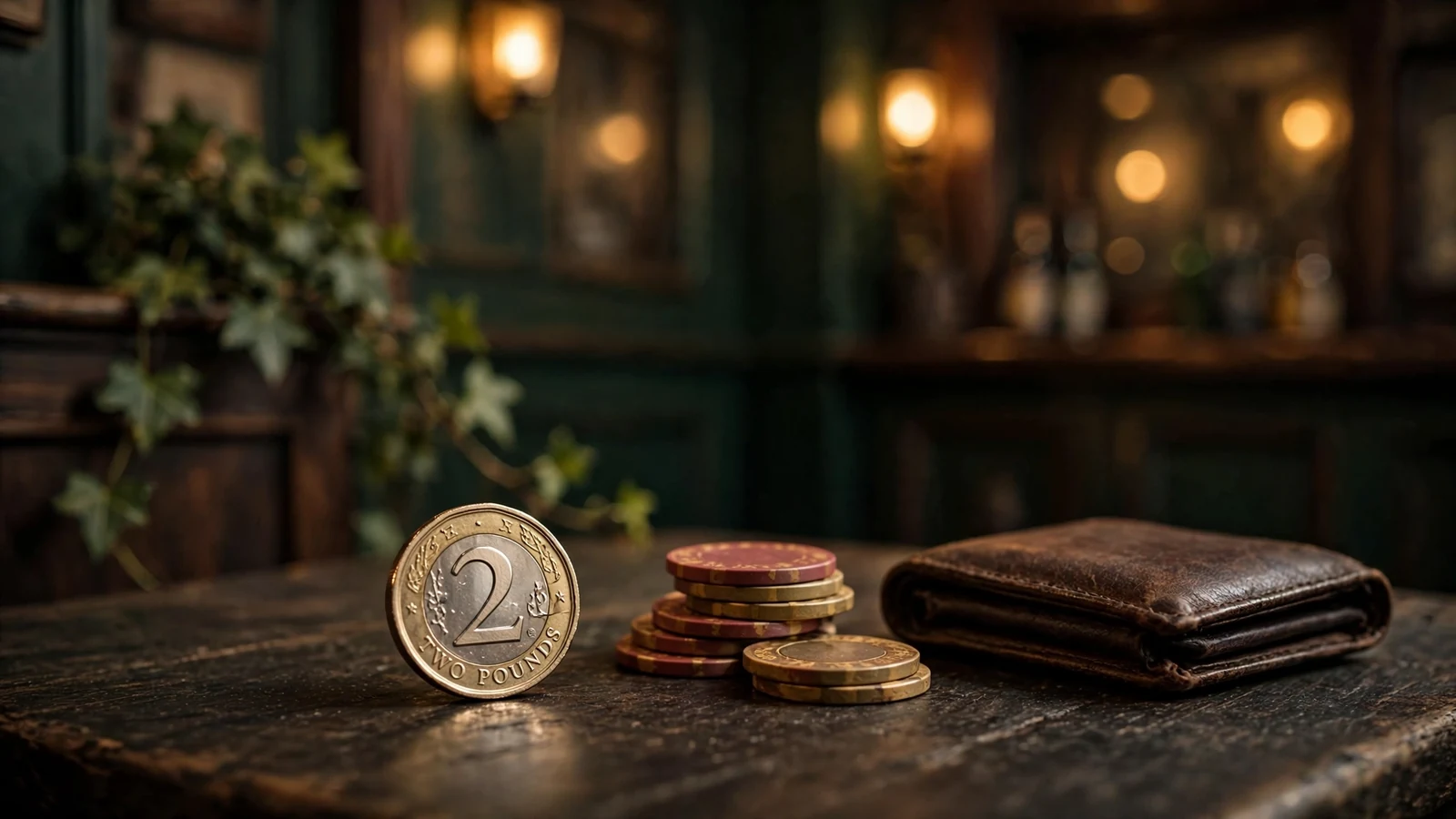 A two-pound coin on a pub table beside casino chips, symbolising a small minimum deposit.