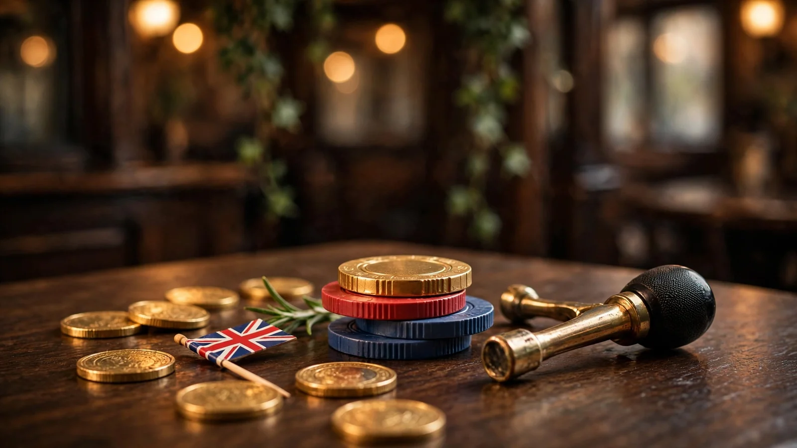 Casino chips and golden coins on a dark pub table suggesting free slot spins