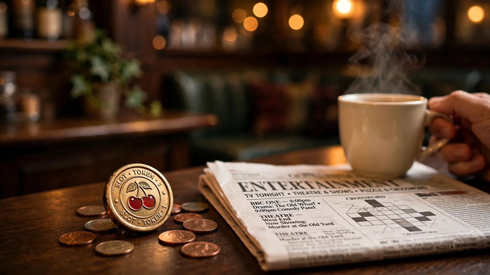 British pub table with slot machine token, pennies, tea, and newspaper at evening