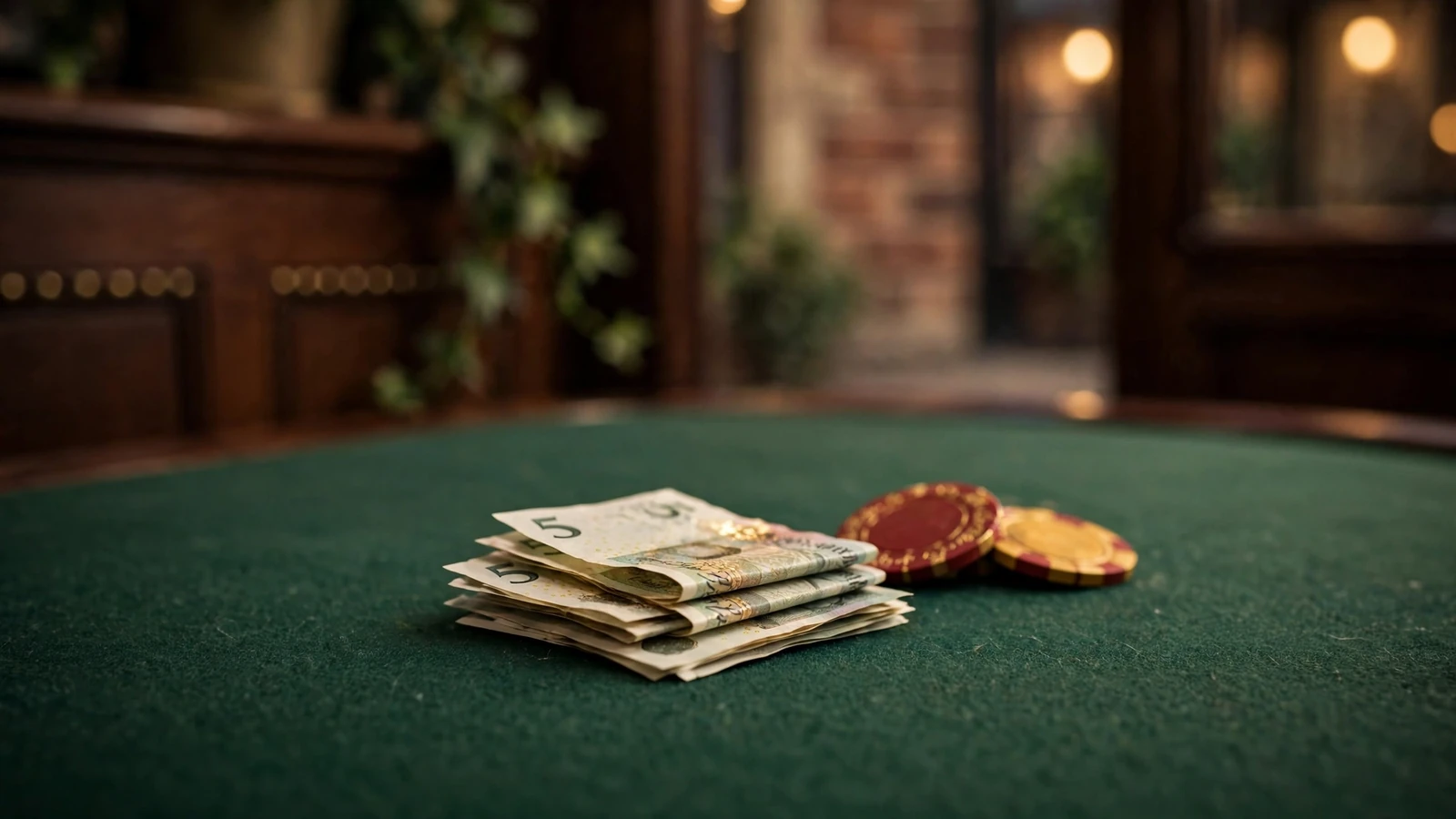 British five-pound notes and casino chips on green felt
