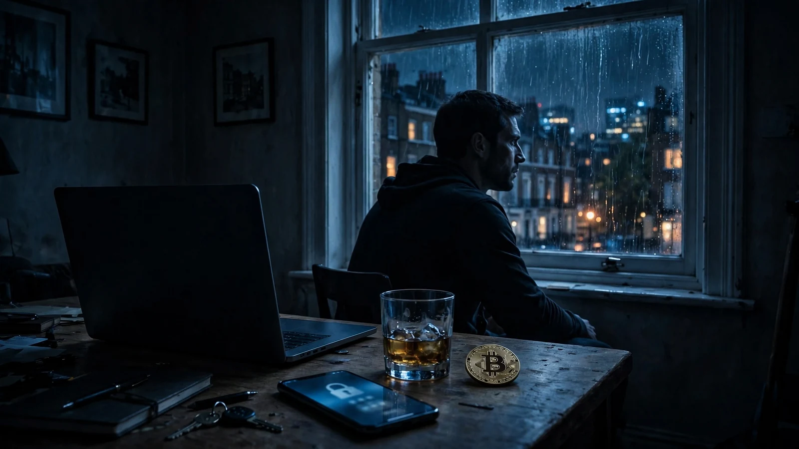 Shadowy figure in dark UK apartment with privacy-themed digital device and Bitcoin coin at night