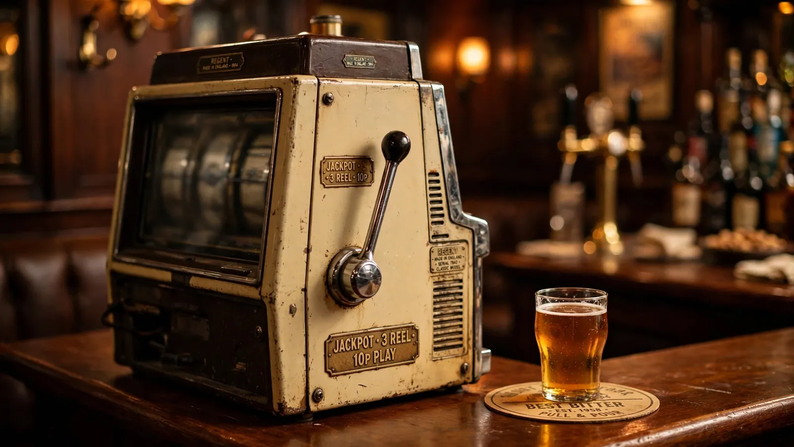 Vintage three-reel slot machine on a British pub counter