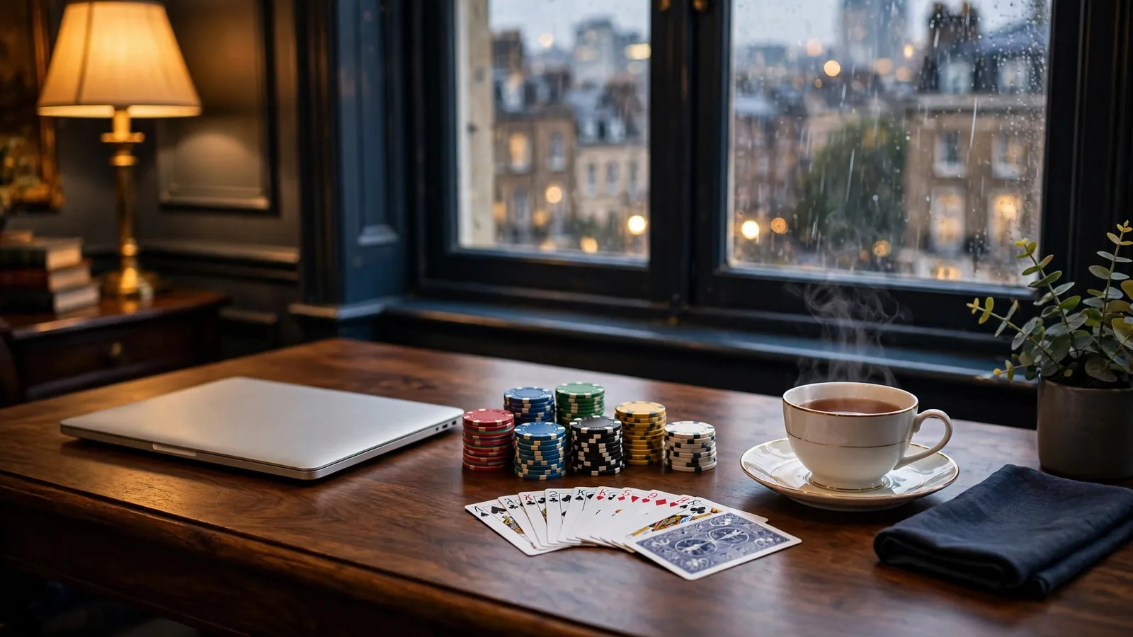 UK home desk with closed laptop, casino chips, playing cards, and tea by a rainy London window
