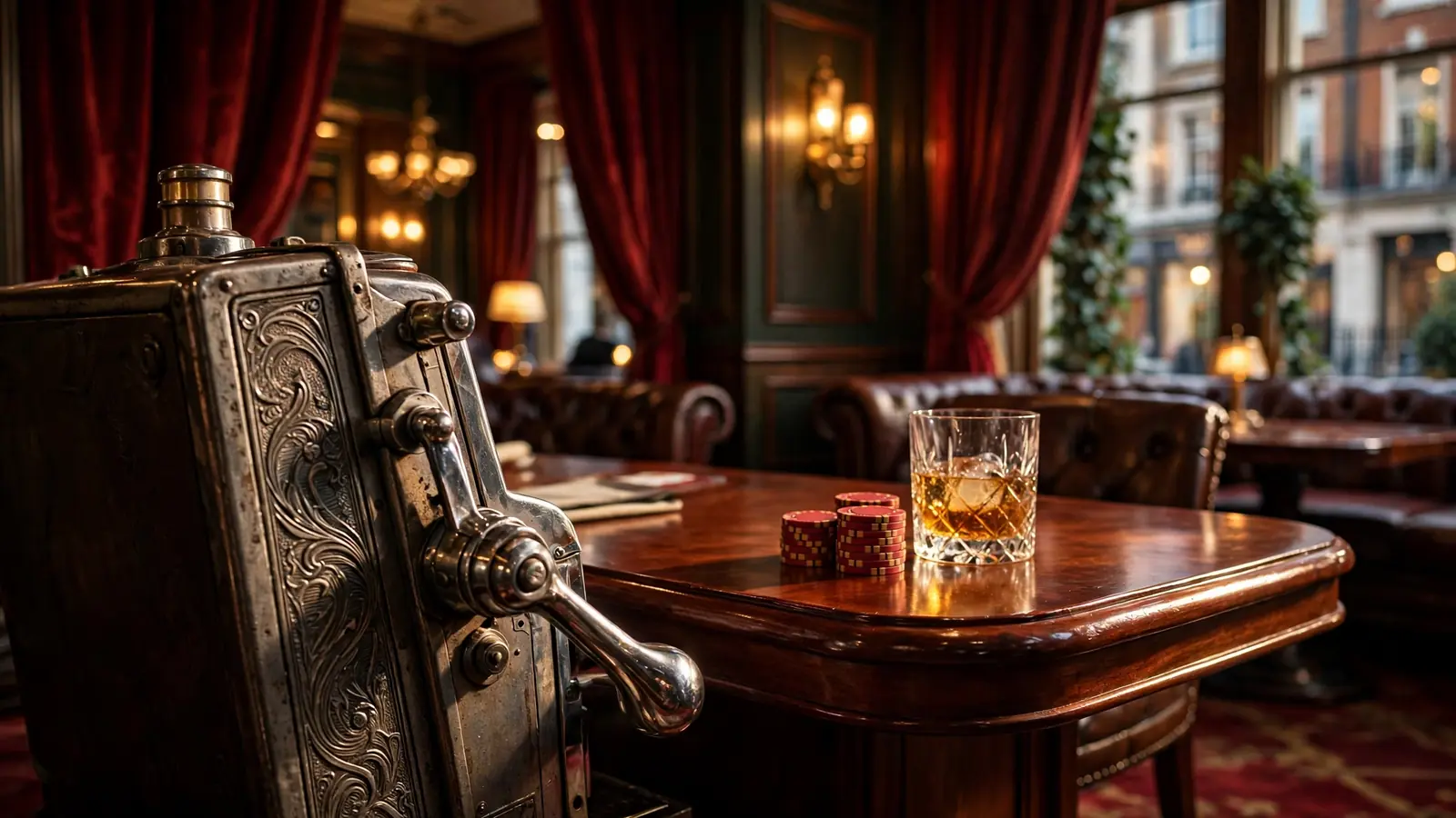 Moody London casino lounge with chips, whisky, and a vintage slot machine turned away.
