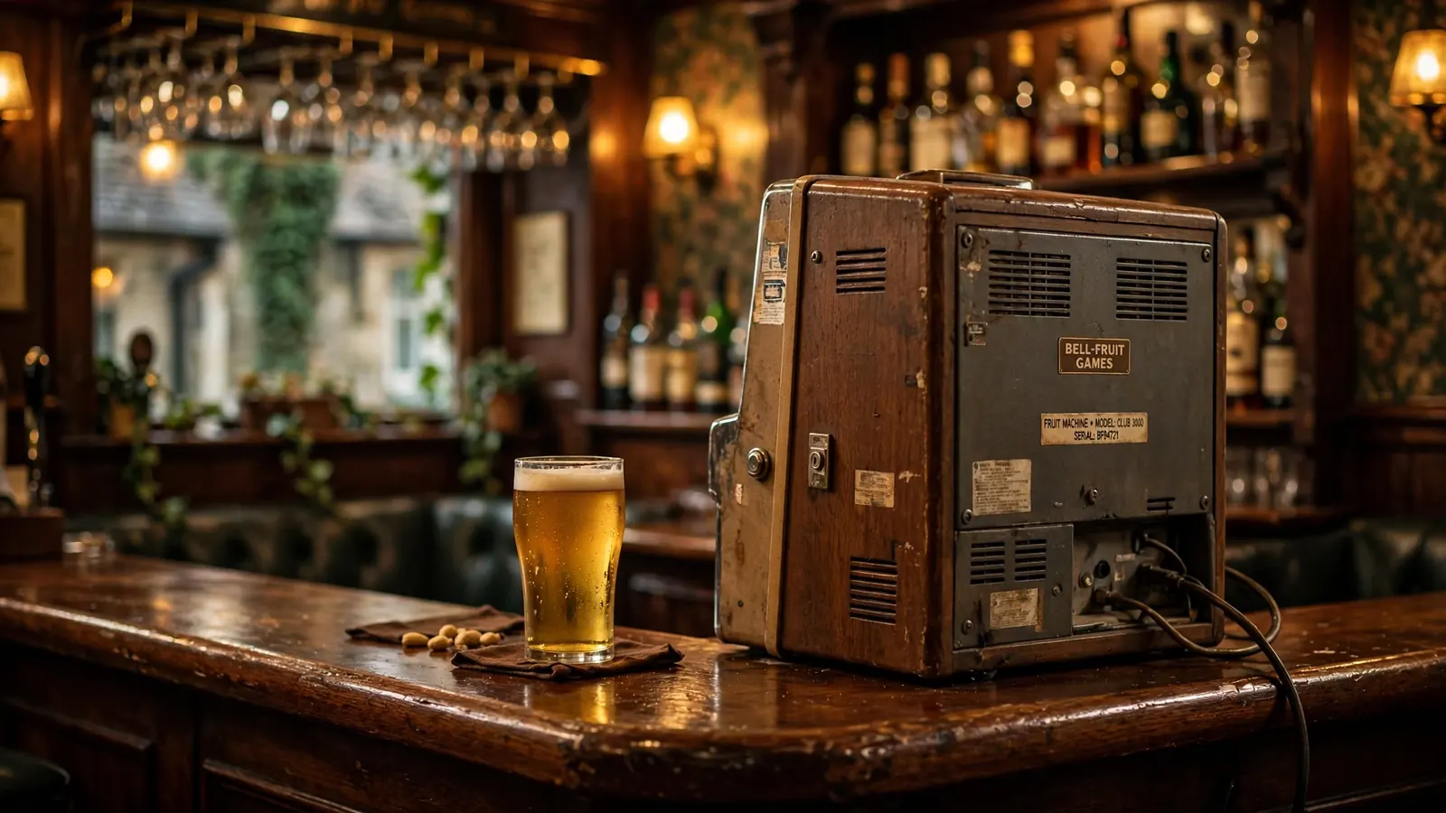 Vintage slot machine in a traditional British pub, screen turned away.