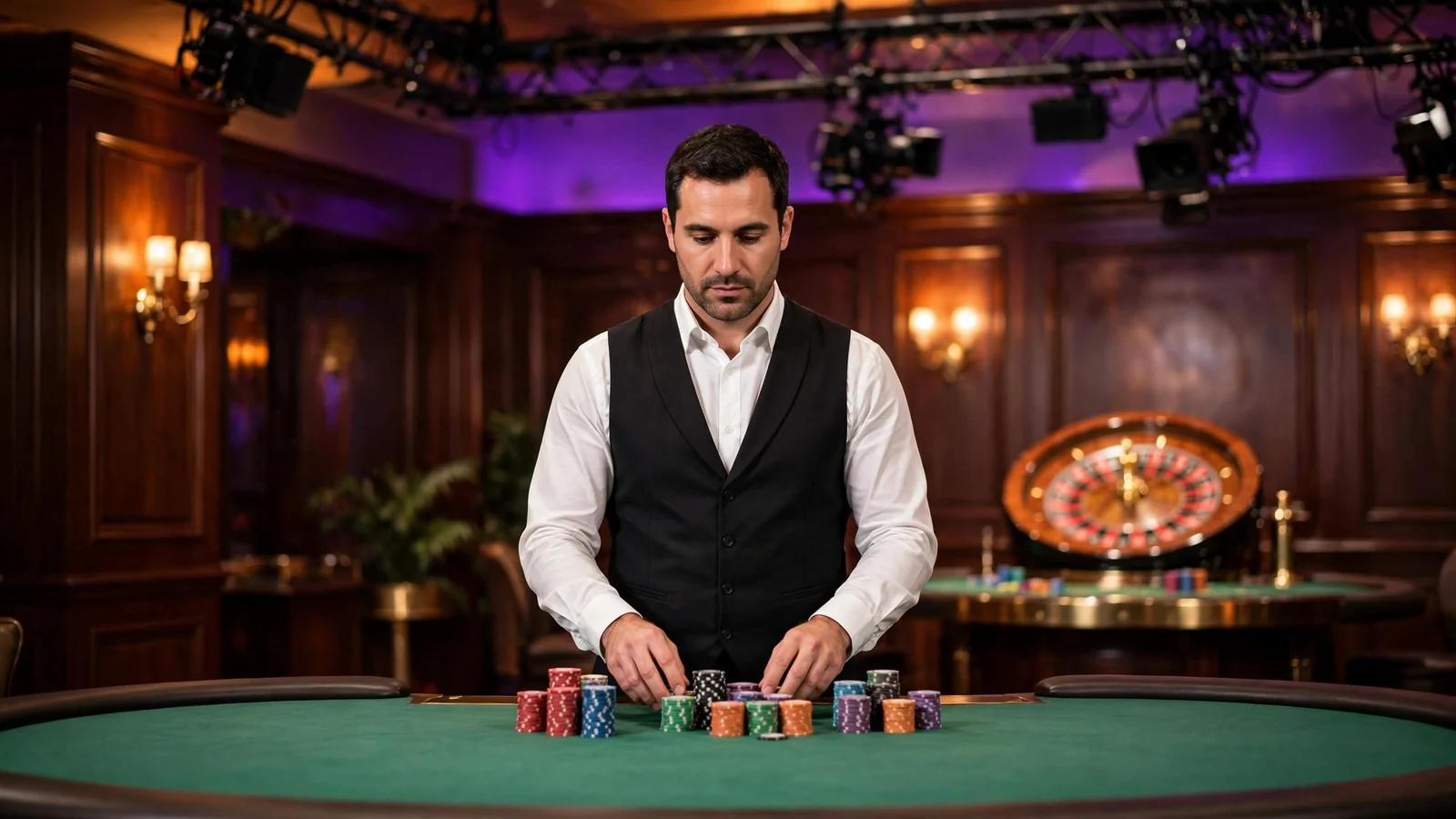 Live casino studio with croupier dealing cards at a professional table