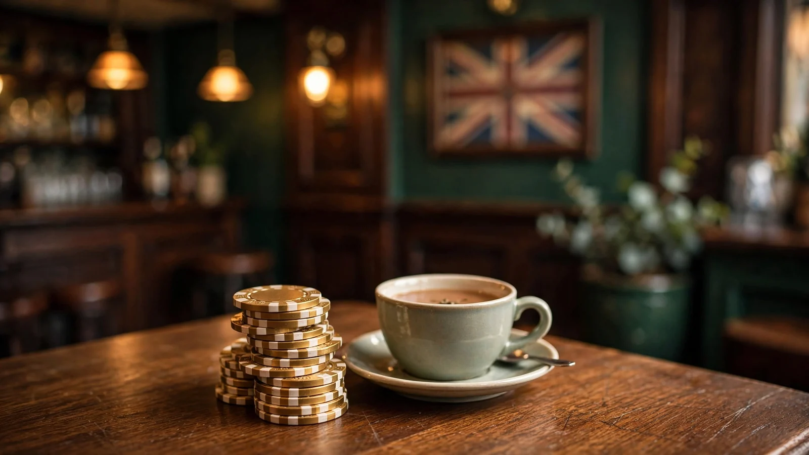 Stack of casino chips and a cup of tea on a pub table in a British setting
