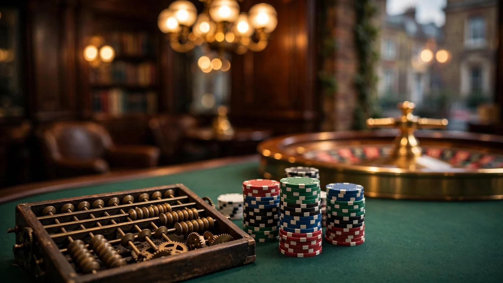 Stacked casino chips and roulette wheel on green felt with vintage counter, warm UK casino lighting