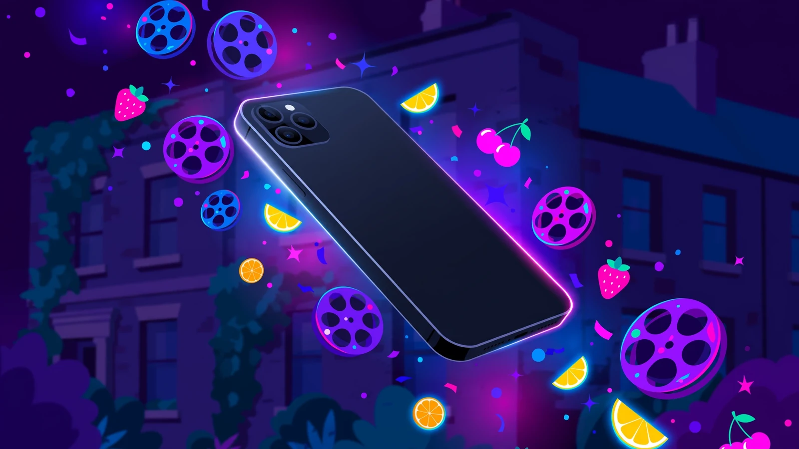 Stylised illustration of a mobile phone surrounded by floating slot reels and glowing symbols