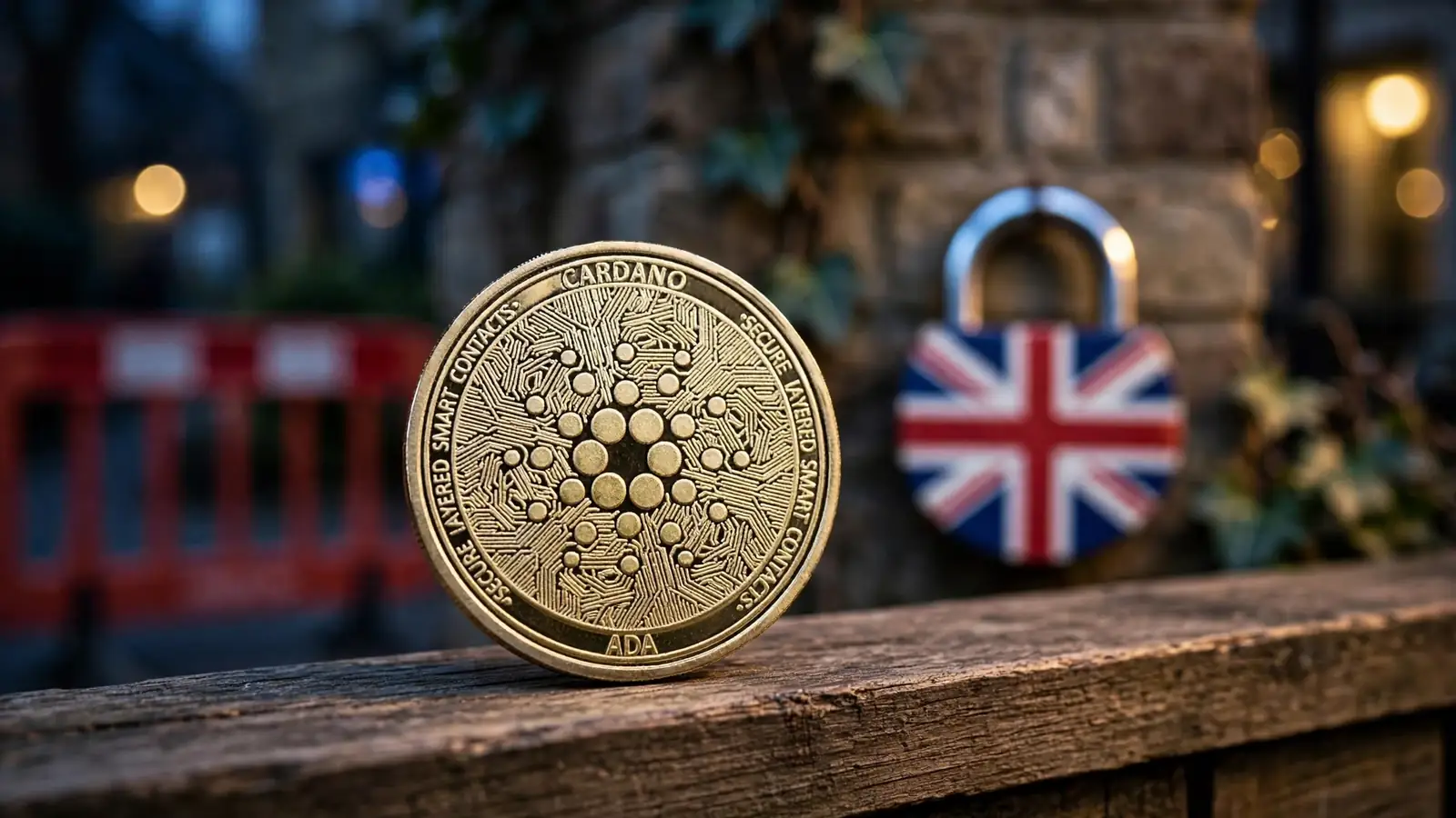 ADA coin near a regulatory barrier symbolizing UK licensing divide for crypto casinos