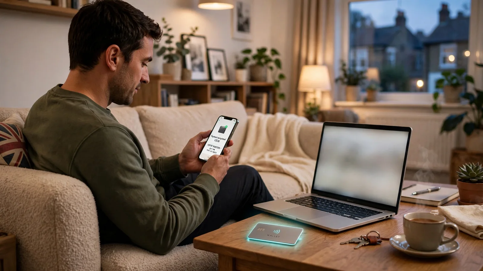 Person using a smartphone with e-wallet app in a cozy British living room