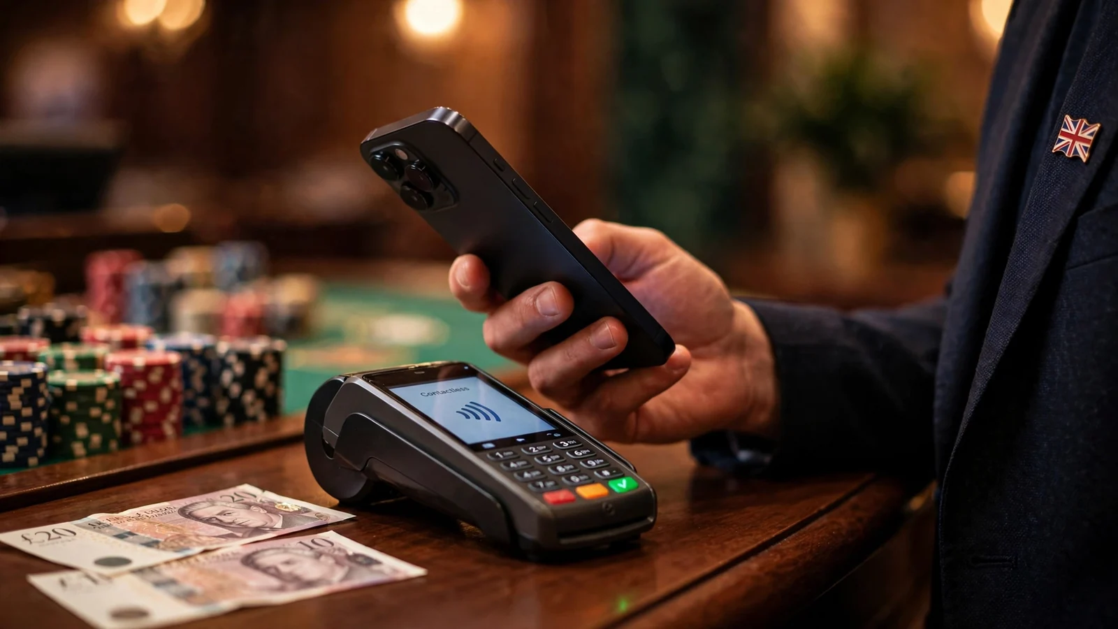 Hand holding a smartphone near a contactless terminal on a UK casino cashier desk