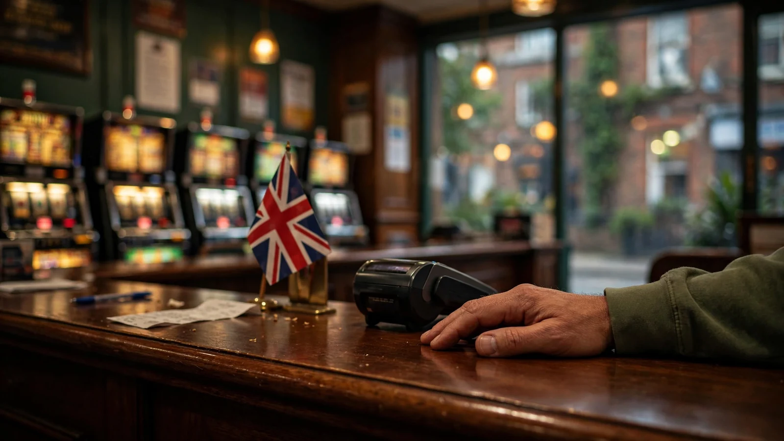 Moody British betting shop interior with payment terminal and Union Jack detail