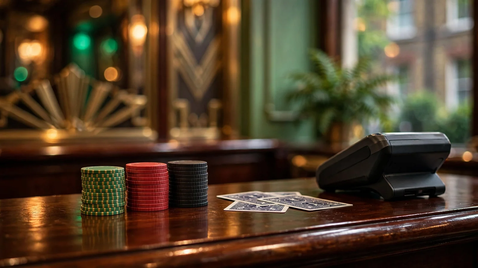 Casino cashier counter with chips, cards, and a payment terminal in a UK casino interior