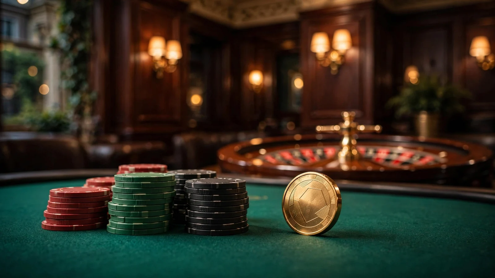 Gold cryptocurrency token beside traditional casino chips on green felt in a dimly lit UK casino interior