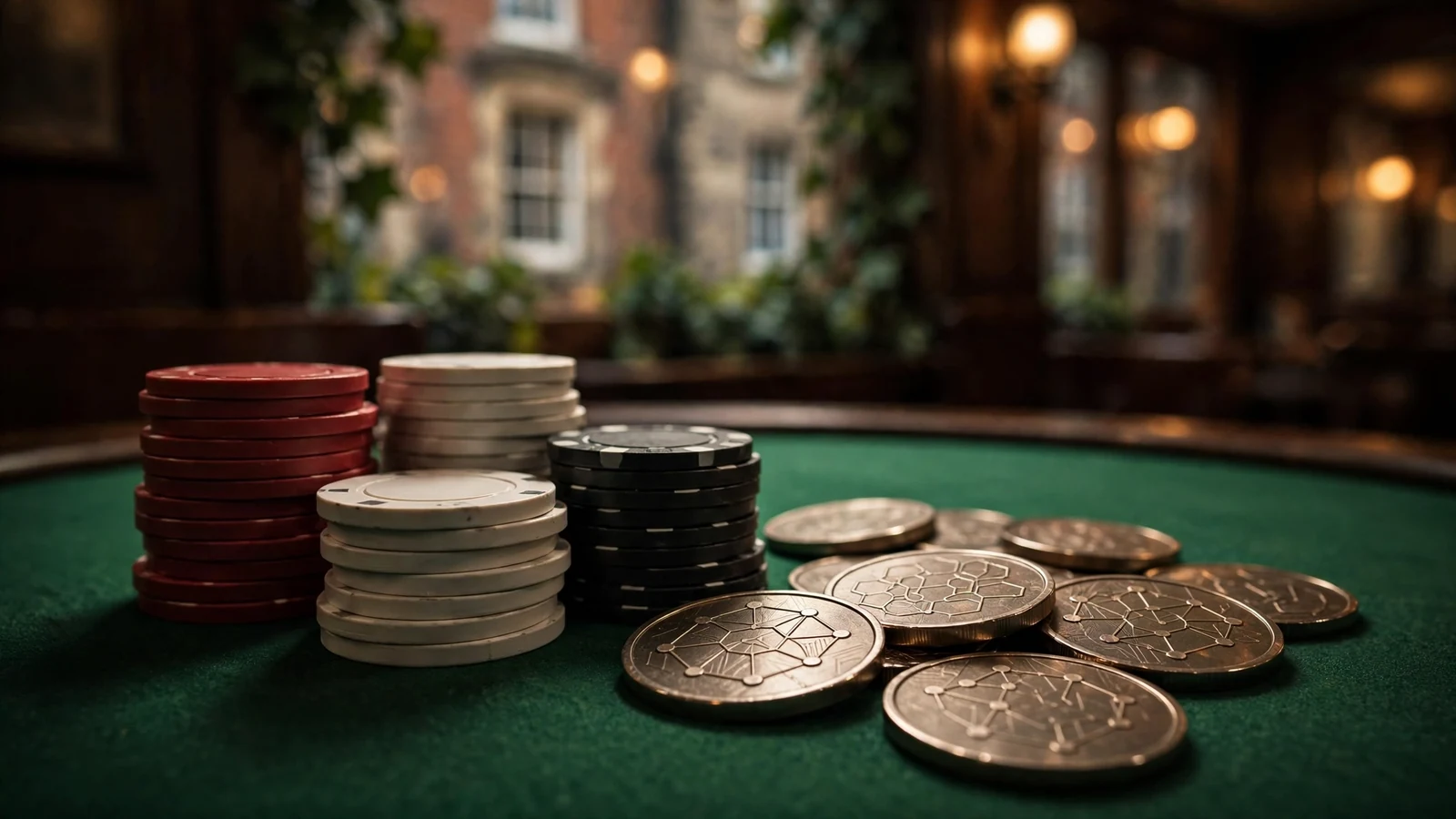Stacked casino chips beside metallic coins on a green felt gaming table