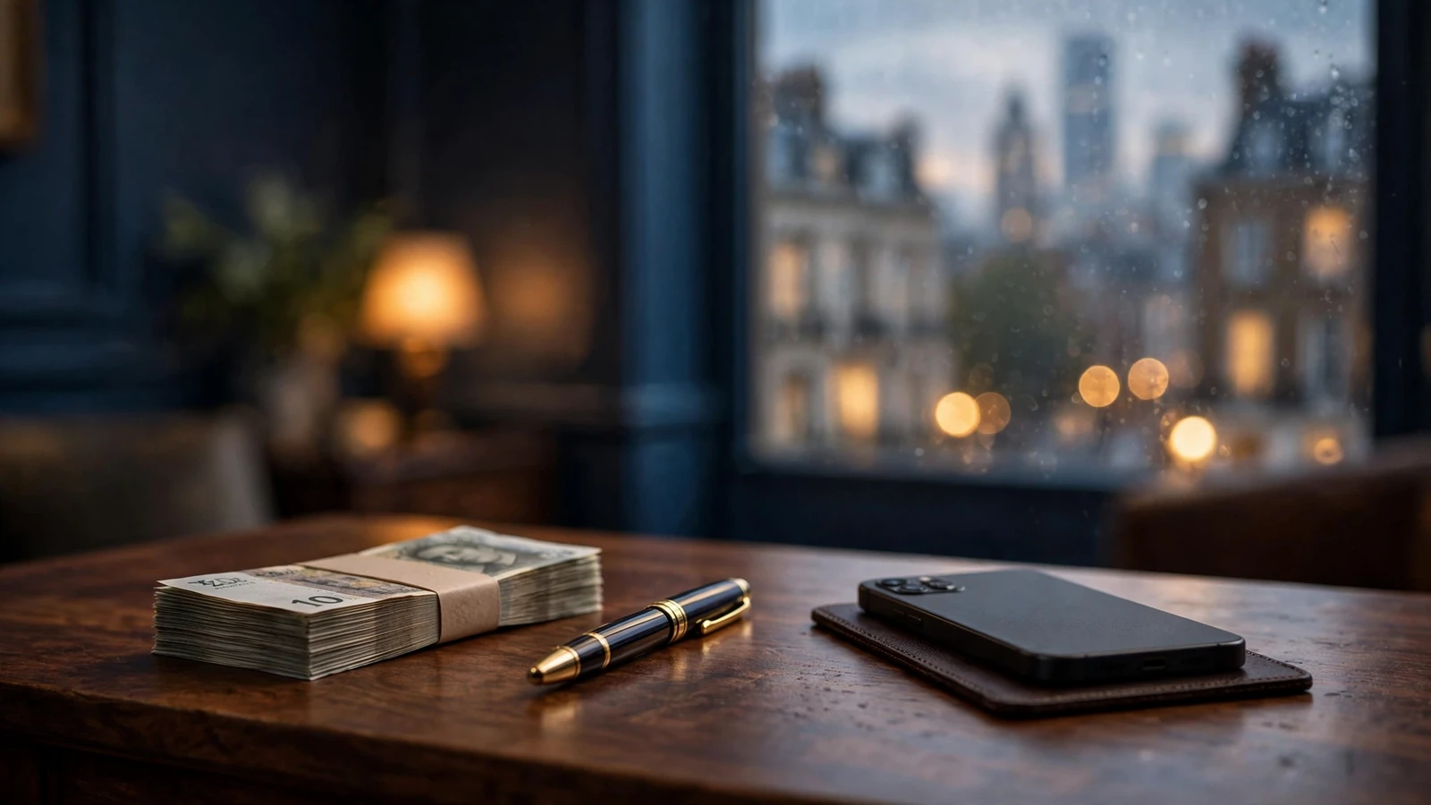 British pound banknotes, a pen, and a face-down smartphone on a desk with a blurred London skyline at dusk.