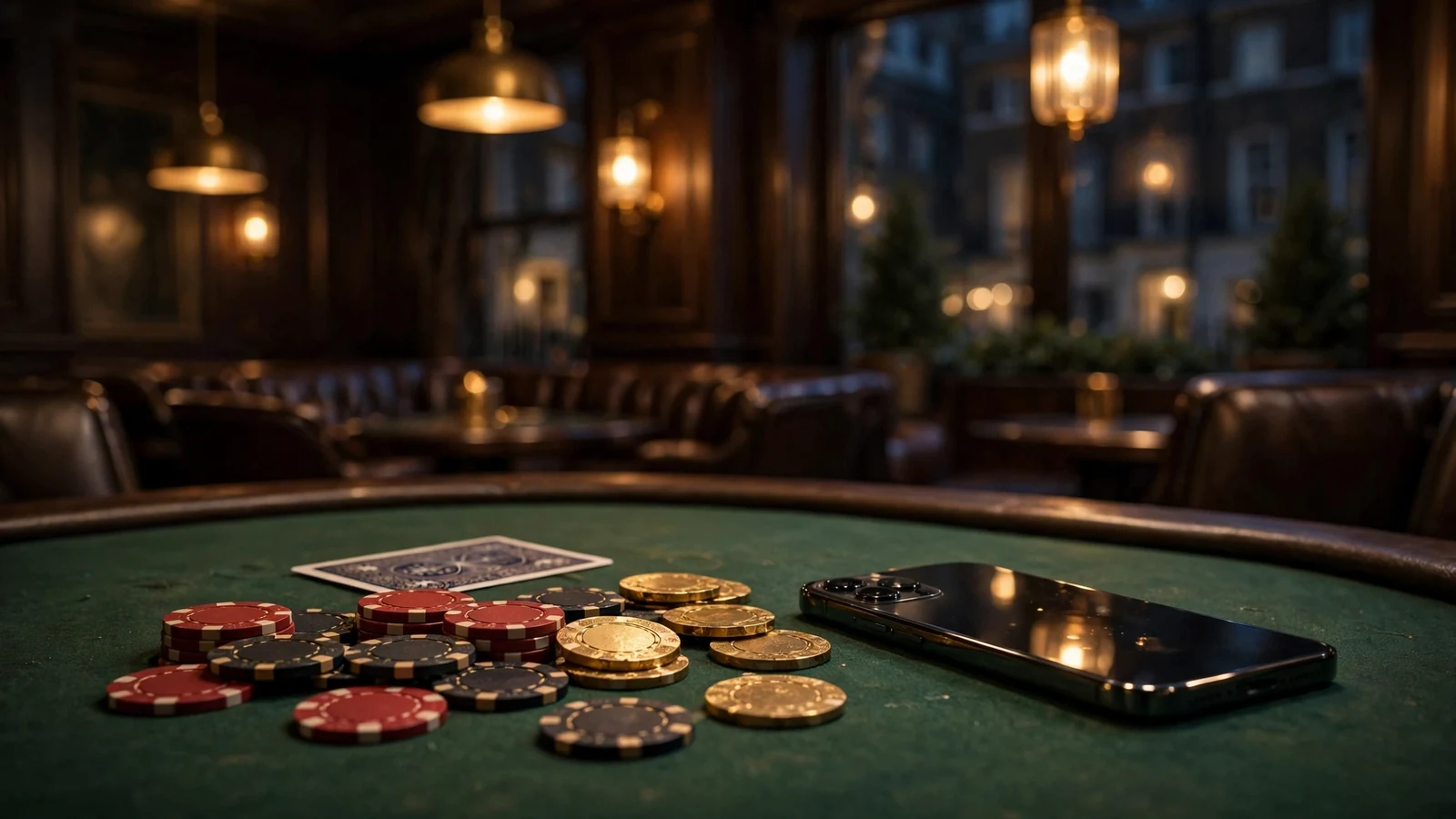 Stylish UK casino table with chips, card and a face-down smartphone in warm ambient light