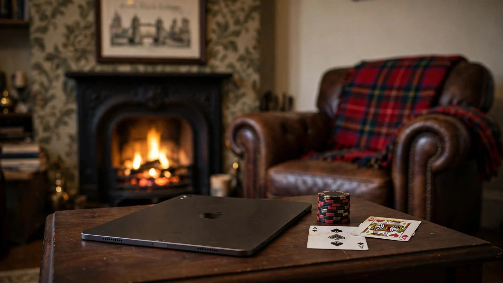 iPad face-down on a table beside poker chips in a cozy British living room.