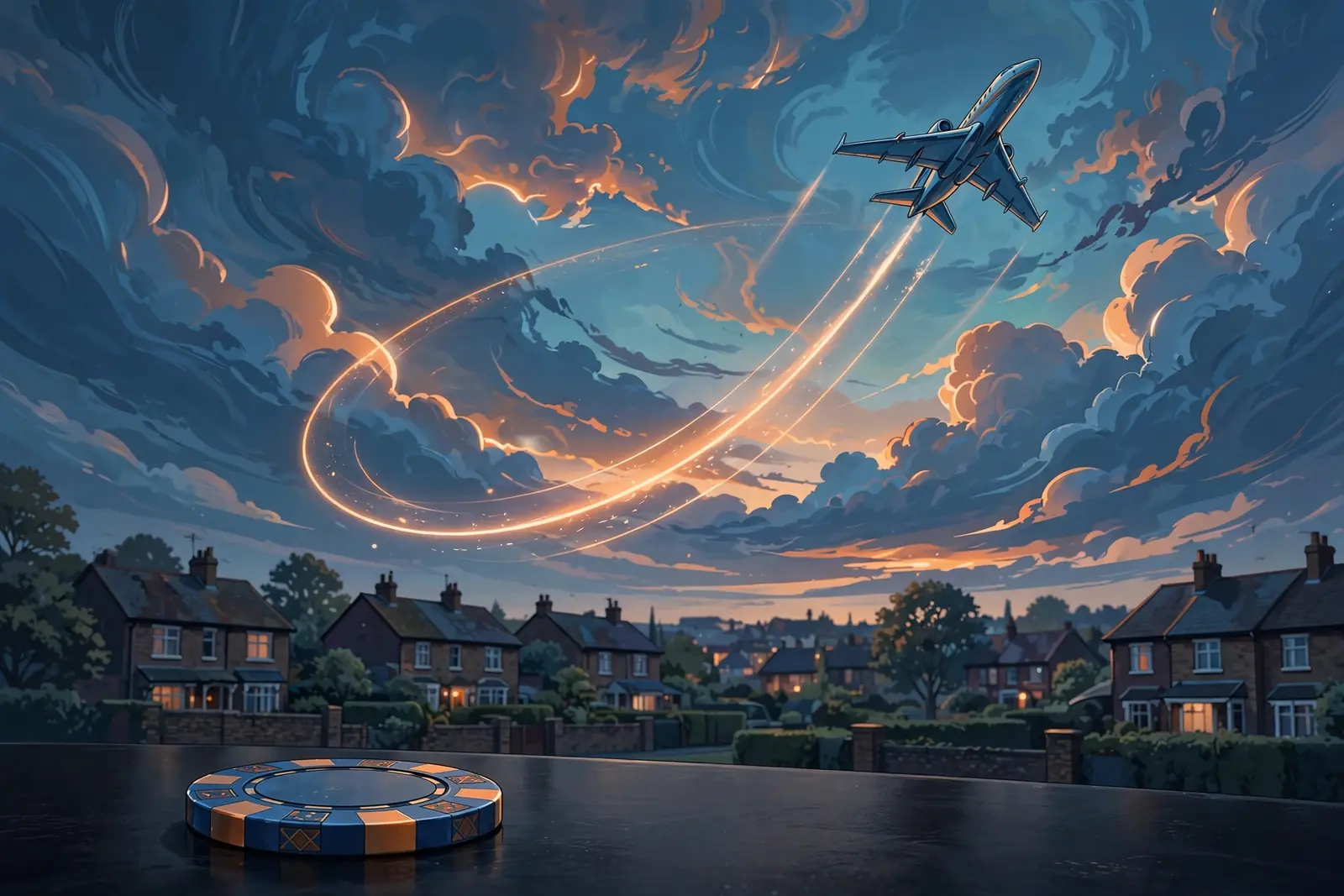 Stylized illustration of a climbing jet with a glowing trail and a casino chip below.