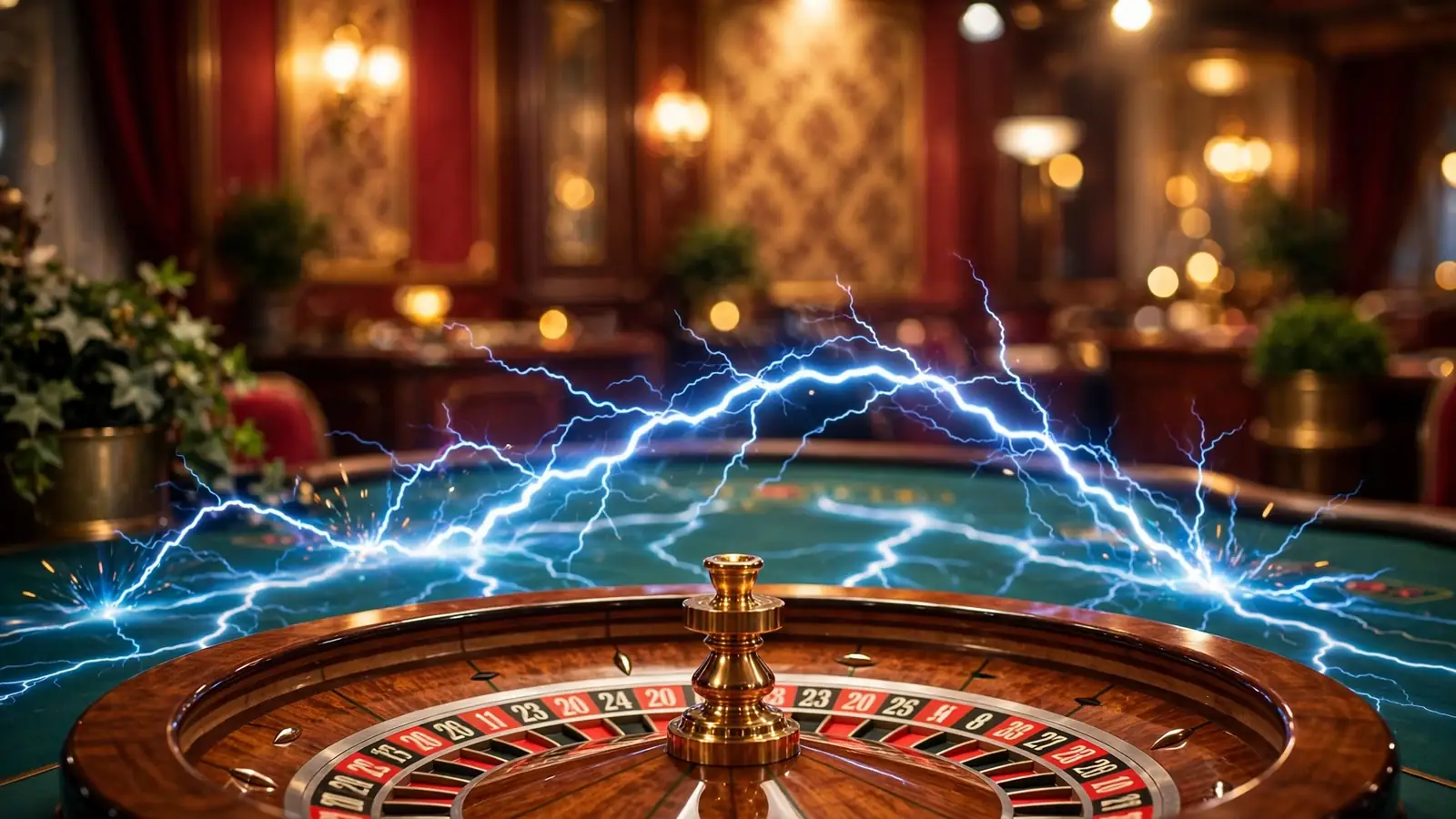 Stylized roulette wheel with electric blue lightning bolts in a British live casino studio