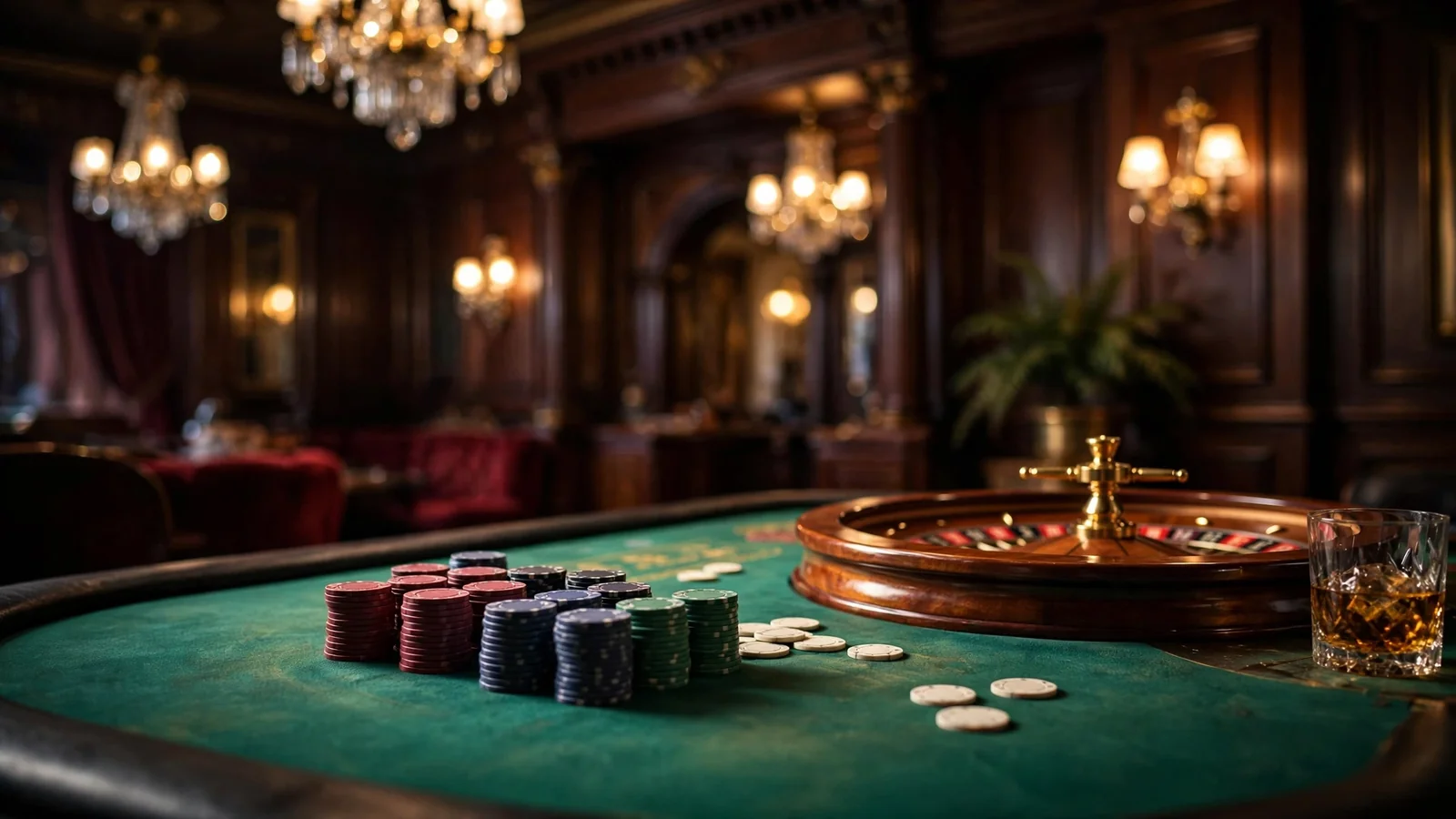 Stacked casino chips on a green felt table beside a roulette wheel in an elegant British casino interior.