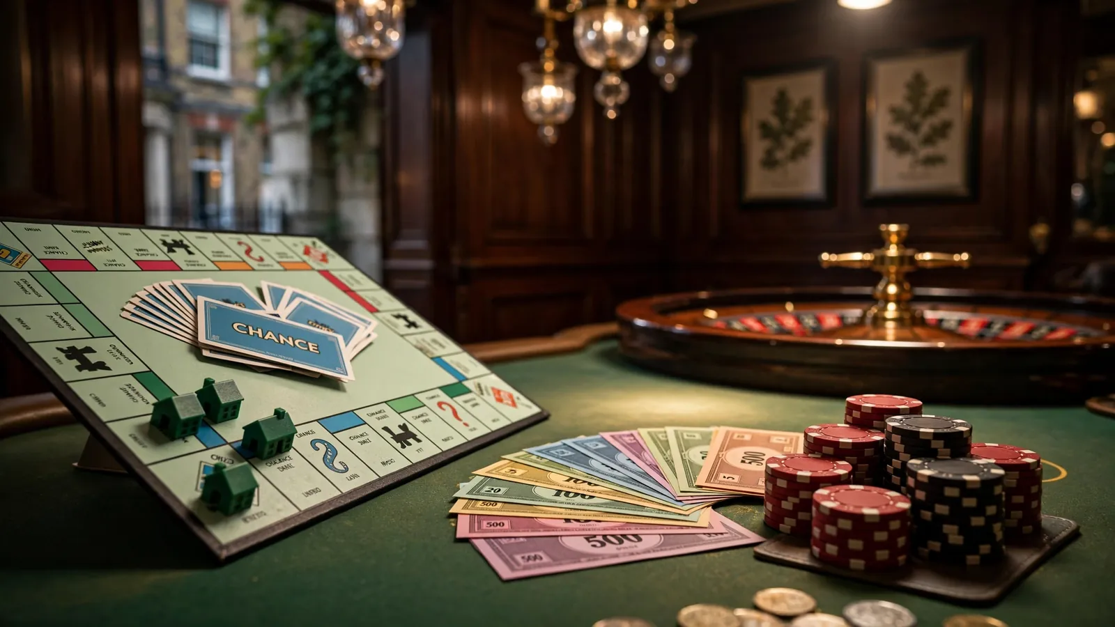 Monopoly board, casino chips and roulette wheel on a green felt table in a British casino lounge