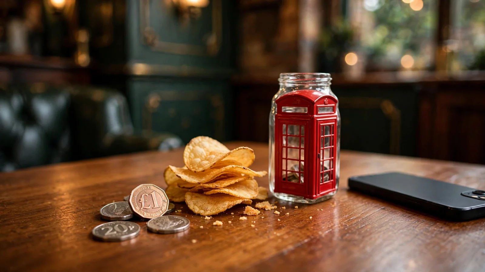 British pound coins and casino chips on a wooden table with a phone face-down