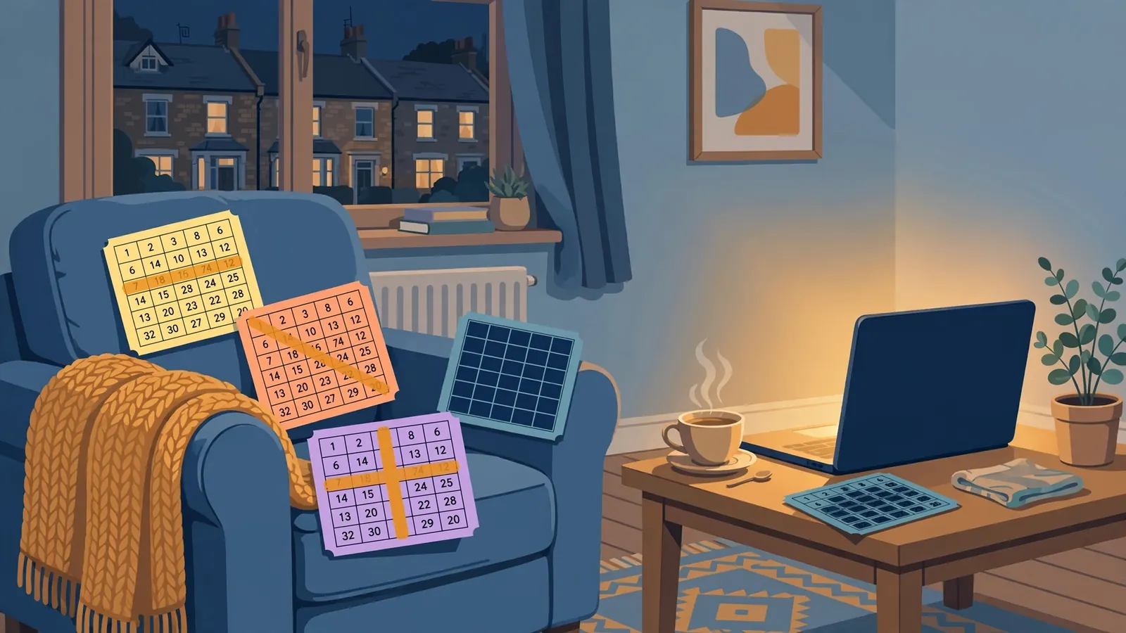 Illustration of a cozy British room with colorful bingo tickets showing different winning patterns