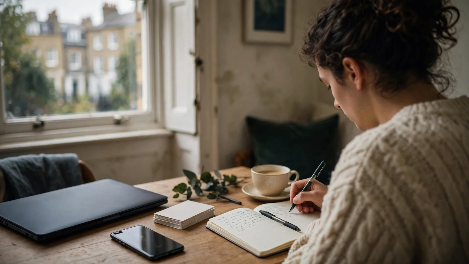 Person at a desk with a closed laptop and face-down phone in a calm London apartment