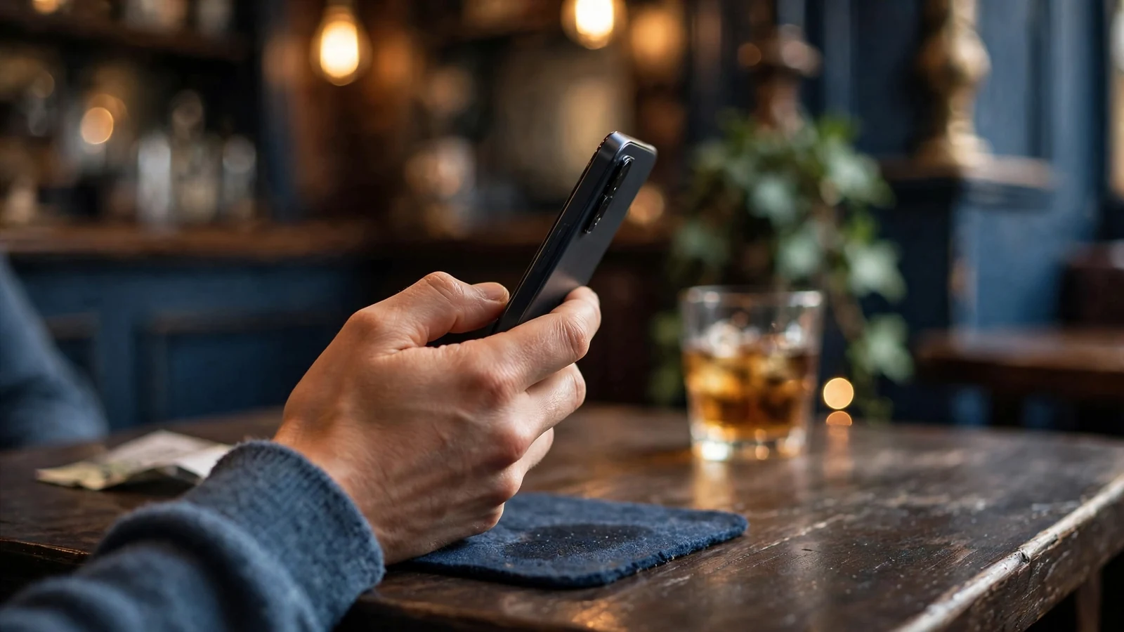 Hand holding a smartphone in a British pub setting, suggesting mobile payment for online entertainment.
