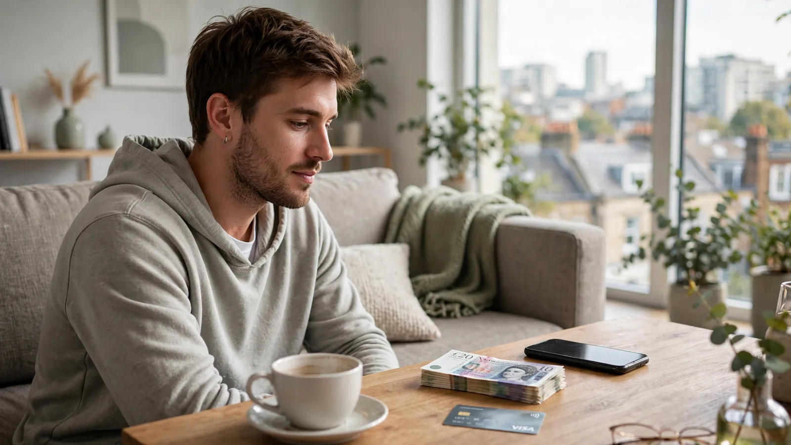 British adult in modern flat with contactless card and pound banknotes on table