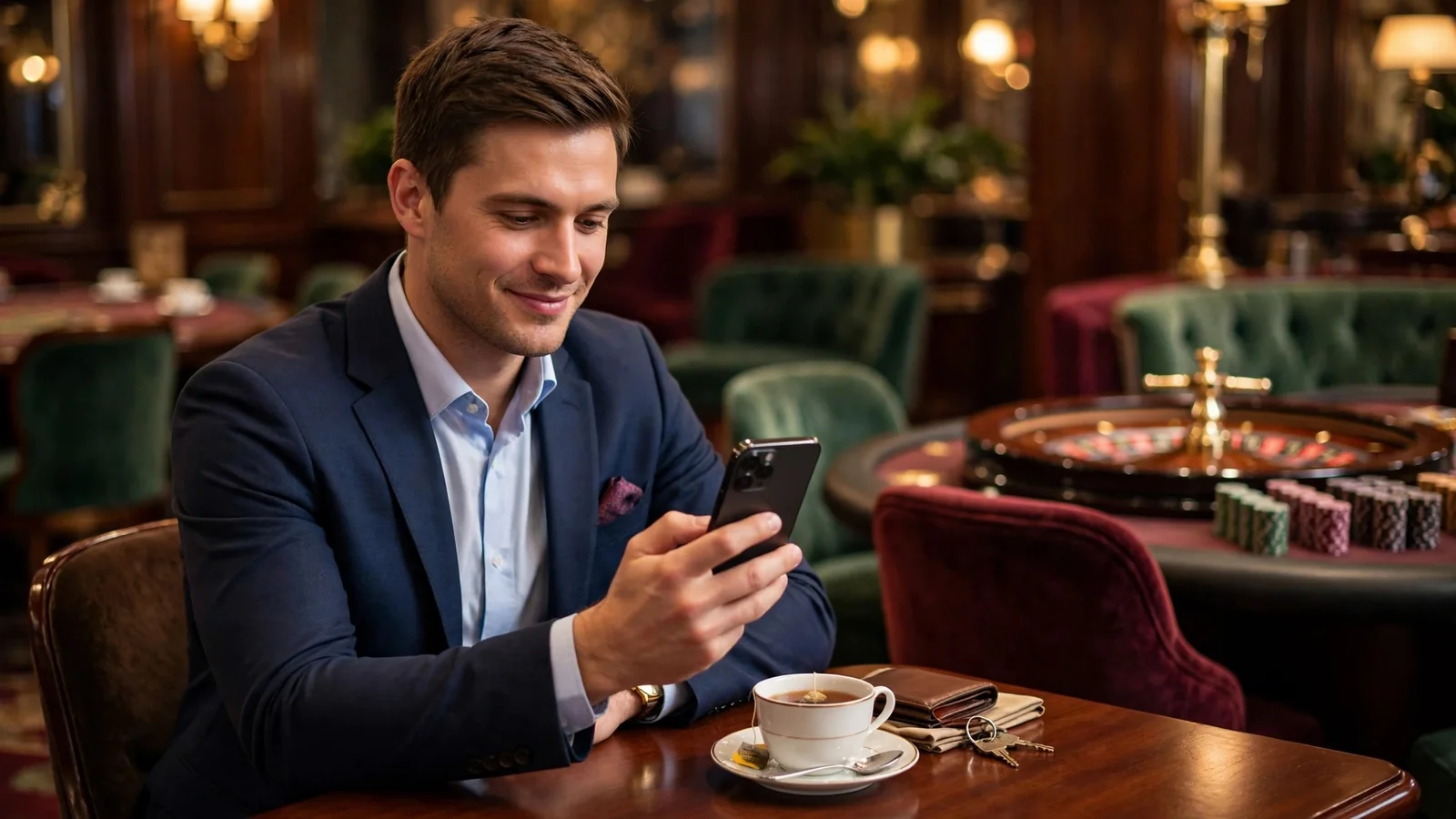 Man in London casino lounge smiling at his phone, tea and roulette in background