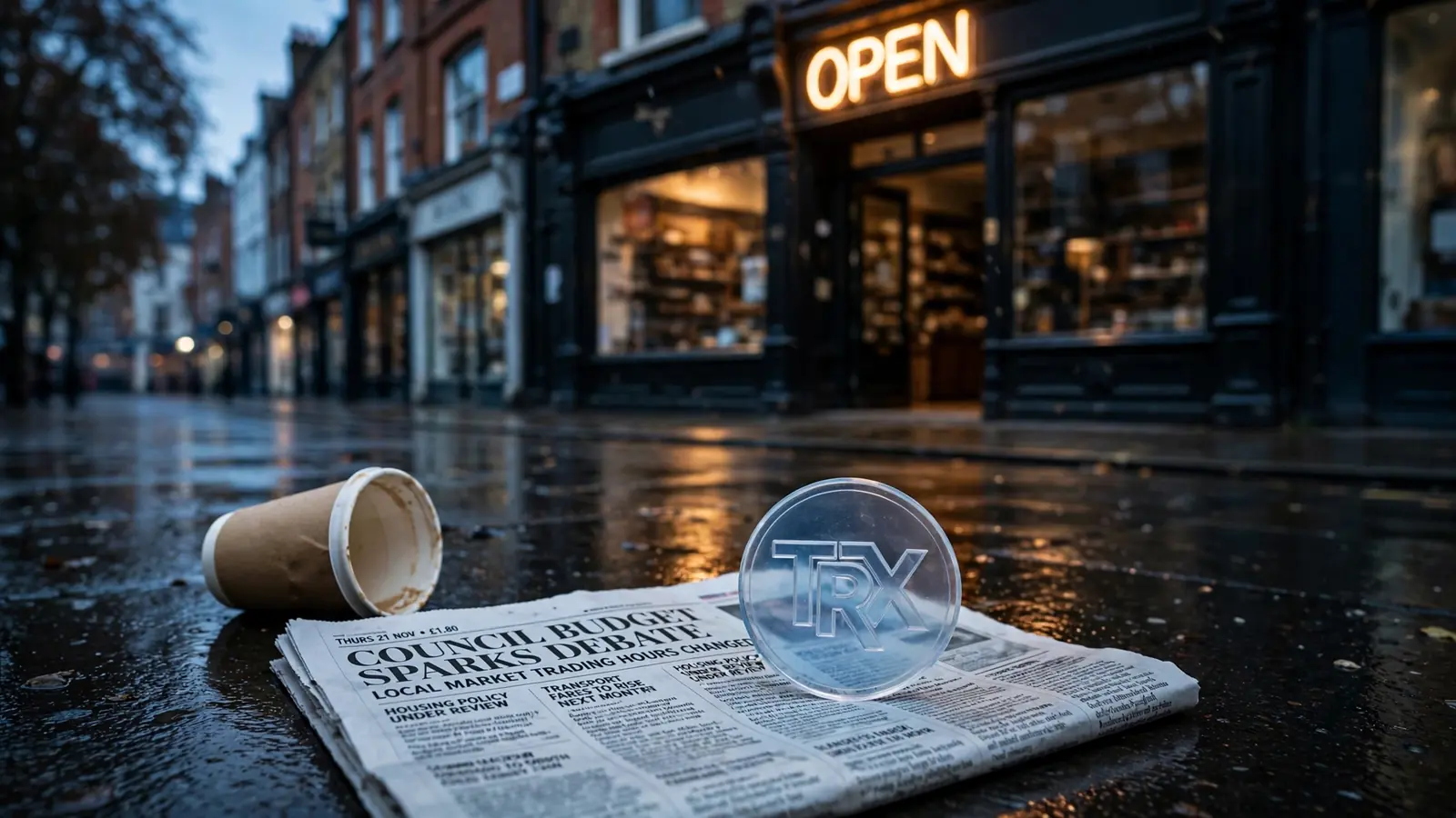 Neon-lit UK shopfront at dusk with a single crypto token on a newspaper