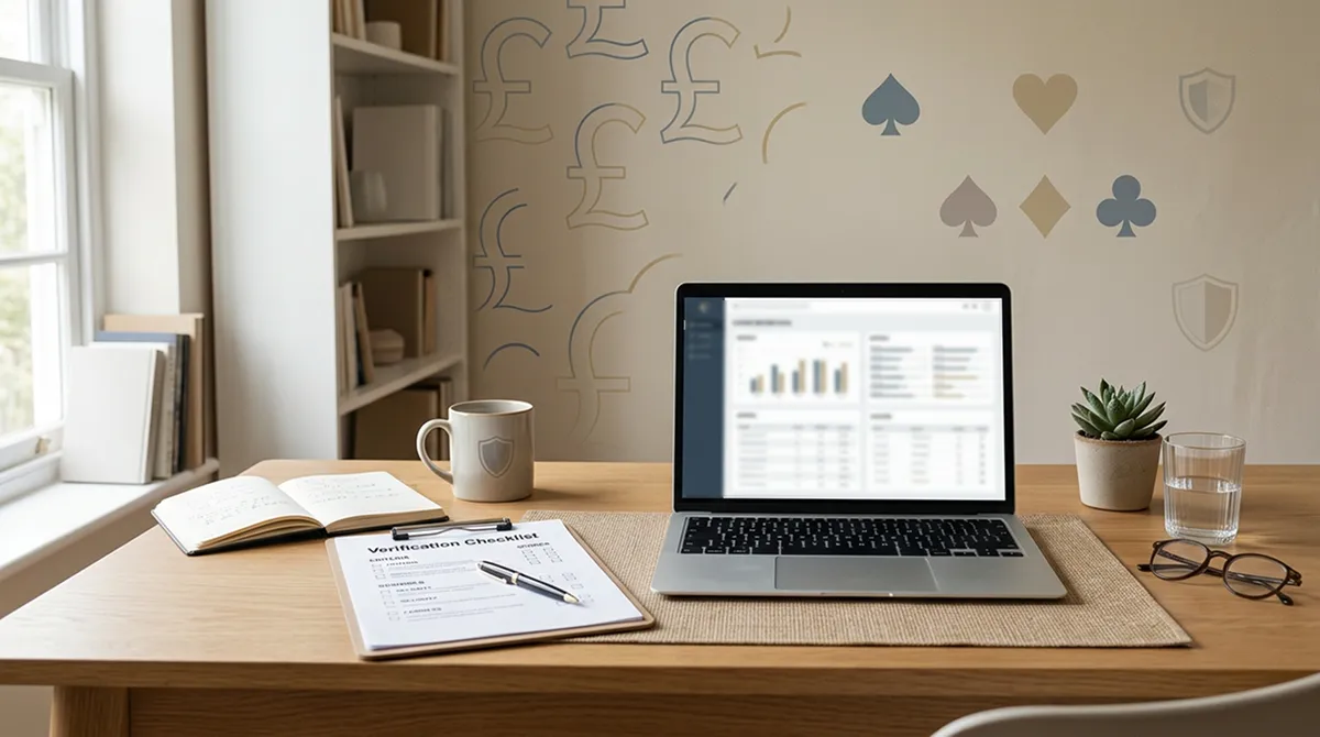 Neutral UK casino review desk with laptop, checklist and GBP cues