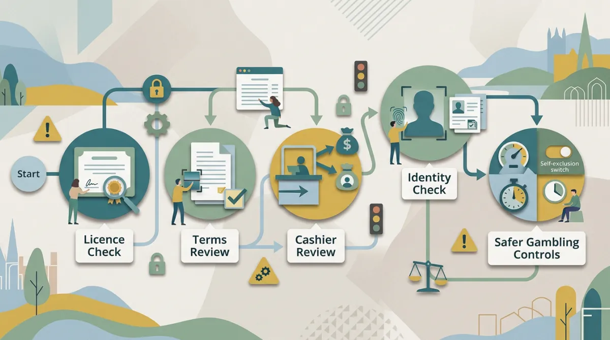 Decision flow for checking licence terms cashier and safer gambling before casino play